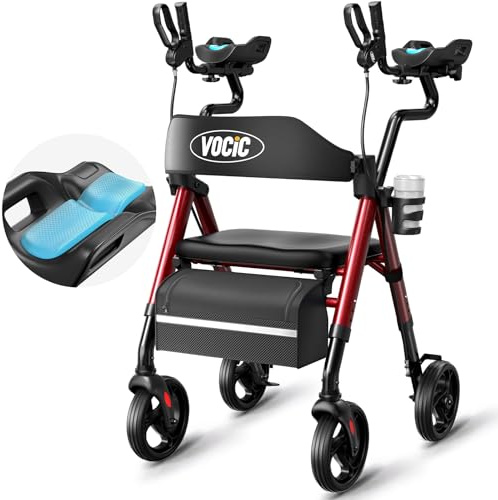 VOCIC Z22 Deambulatore pieghevole e leggero con sedile, Rollator GelCool con supporti per avambraccio e braccioli regolabili, deambulatori per anziani con seduta comoda, fino a 136 kg, supporto per