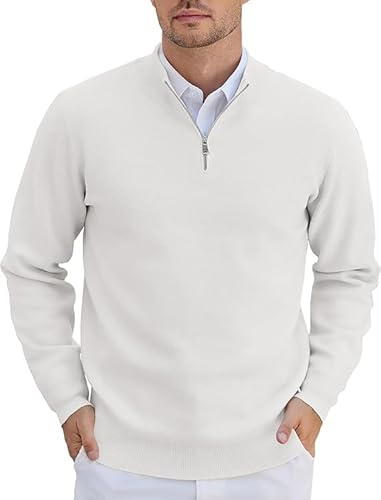 COOFANDY Hommes Pulls 1/4 Zip Col Roulé Pulls tricotés Pull d'hiver à Manches Longues Zip Sweater Turtleneck Pulli Pull de Travail pour Hommes Blanc XL