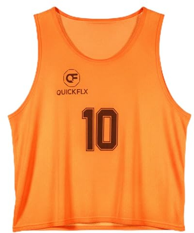QUICKFLX Set di gilet da allenamento – 10 canottiere da calcio con numeri (1-10) per bambini e adulti – maglie traspiranti con carta di arbitro, Colore: arancione., Kinder (M)