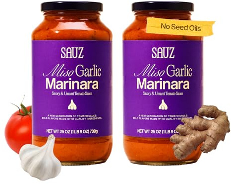 Sauz Miso Garlic Marinara Sauce | Clean Ingredients, No Seed Oils, Gluten-Free | Umami-Rich & Savory Tomato Sauce for Pasta, Pizza, Spaghetti & More | Crafted in Small Batches | 12 Servings Total (25oz Jars, 2-Pack)