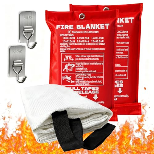 Foonary Feuerlöschdecke aus Glasfaser - Feuerschutzdecke 1x1m mit Haken, Löschdecke Küche, Brandschutzdecke DIN EN 1869:2019, Zum Löschen von Entstehungsbränden in Wohnungen, Küchen und Garagen, 2PCS