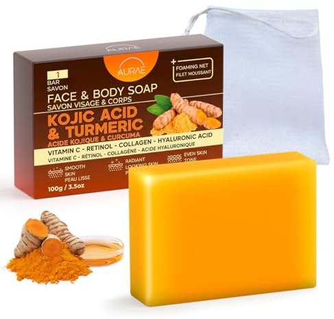 Kojic syra & gurkmejstvål för mörka fläckar, uppljusande och fuktgivande för ansikte och kropp med C-vitamin, retinol, kollagen och hyaluronsyra, paraben- och SLS-fri (100 g x 1 tvålstycke)
