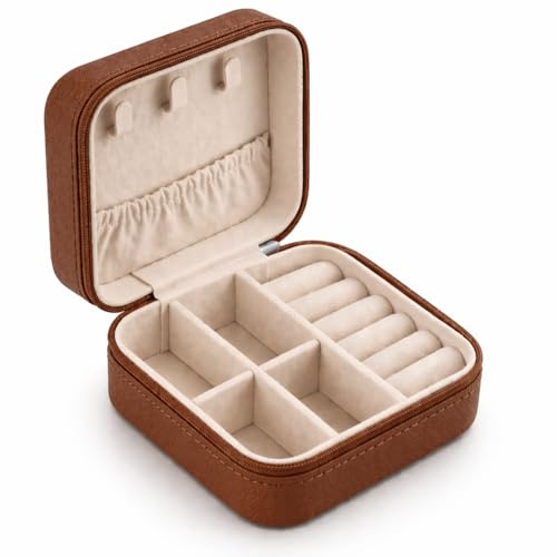 Top Sale Travel Jewellery Box Compact Jewellery Organiser for Women Tan Brown Portable Case with Ring Holder Necklace Hooks Adjustable Compartments Waterproof PU 10 x 10 x 5 cm