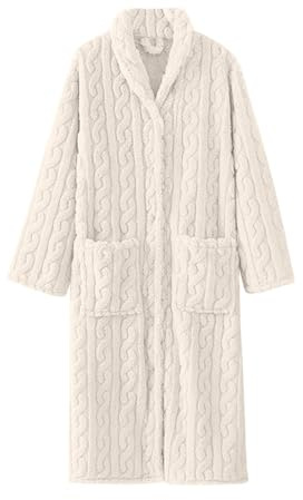 Långärmad husklänning för kvinnor knapphandduk badrockar för kvinnor varm vinter hus rock vinter badrock pyjamas fleece mjuk lätt rock med fickor långärmad nattlinne, Vitt, M