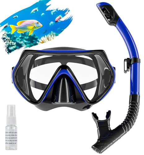 Snorkel Set Adults, Scuba Snorkelling Packages with 180° Panoramic Anti-Fog Tempered Glass Snorkel Mask, Leak Proof Dry Top Snorkel for Snorkeling Diving Swimming with Anti Fog Spray