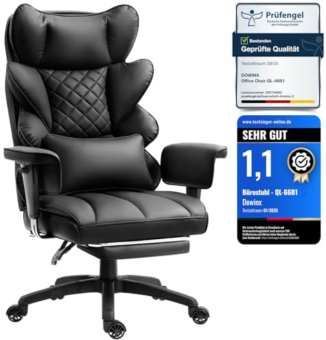 Dowinx Chaise Ergonomique Gaming et Bureau – Coussin à Ressorts ensachés, Dossier Double Couche Souple, accoudoirs réglables, Soutien Lombaire, Repose-Pieds (PU Noir)