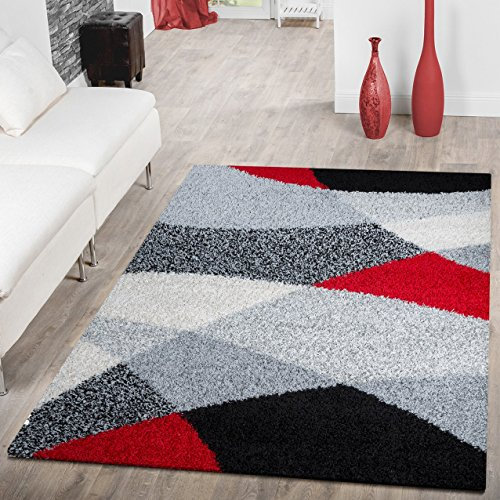 T&T Design Moderner Hochflor Teppich Shaggy Vigo Gemustert in Schwarz Grau Weiß Rot Top Preis!!, Größe:70x140 cm
