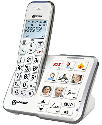 Geemarc AmpliDECT 295 Photo Großtastentelefon mit 10 Direktwahl-Fototasten und optischer Anrufanzeige an der Basisstation, integrierter Anrufbeantworter, Deutsche Version DECT295PHOTO_WH_IG