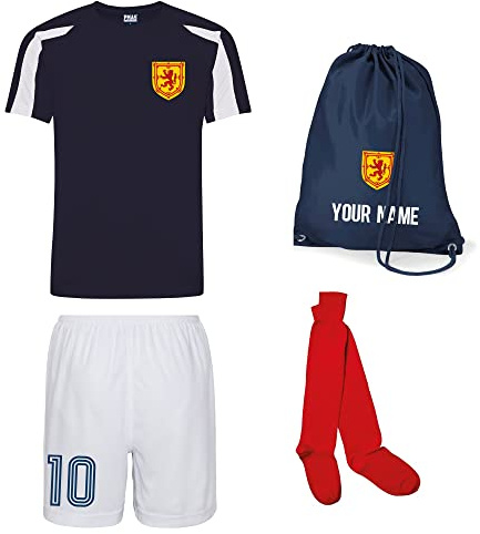 Personalised Scotland Style Kit French Navy Football Shirt, White Shorts, Bag and Socks for Boys and Girls Best Birthday Gift for Children Kids Playwear (3-4 Years)