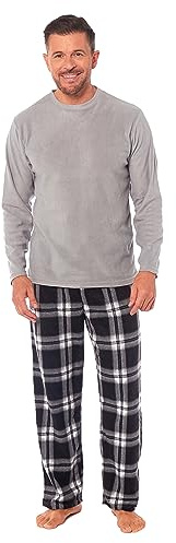 Toro Rocco Conjunto de pijama de forro polar para hombre, manga larga, suave, ropa de dormir, camiseta y pantalón a cuadros, cálido invierno, cómodo pijama para hombre, gris, XL
