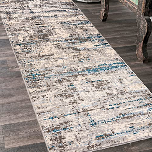 Mazovia Alfombra de Pasillo Larga - Design Vintage Moderno Pelo Corto - Alfombras de Pasillo por Metros - Alfombras para Pasillos Largos - Moqueta por Metros - Beis Azul Gris 80x400 cm