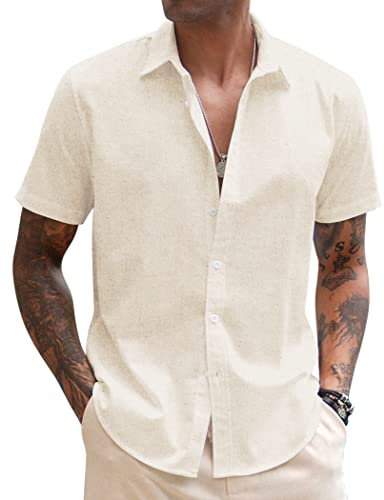 COOFANDY Leinen Hemden Herren Kurzarm Sommerhemd Regular Fit Buissness Hemd Strand Freizeithemd Basic Shirt Creme Farben XL