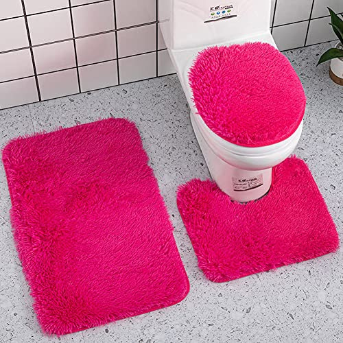 Reyox Set Tappeti Bagno 3 Pezzi in Pelo Lungo, Tappetini Bagno Antiscivolo Assorbente, 1 Tappeto Rettangolare, 1 Tappetino per WC a Forma di U e Coperchio del WC fucsia 3 Pz