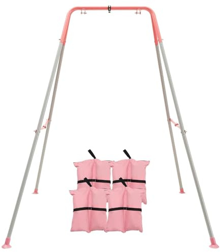 FUNLIO Foldable Swing Stand for Kids with 4 Sandbags, Heavy Duty Metal A-Frame Indoor/Outdoor for Backyard, Suitable Most Toddler/Baby Jumper/Hammock Chair - Pink