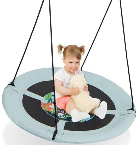 GYMAX Kids Nest Swing, 41 Inch/104cm Saucer Tree Swing with Height Adjustable Hanging Ropes, Indoor Outdoor Round Children Swing for Playground Garden Backyard (Light Green Forest), GY11372