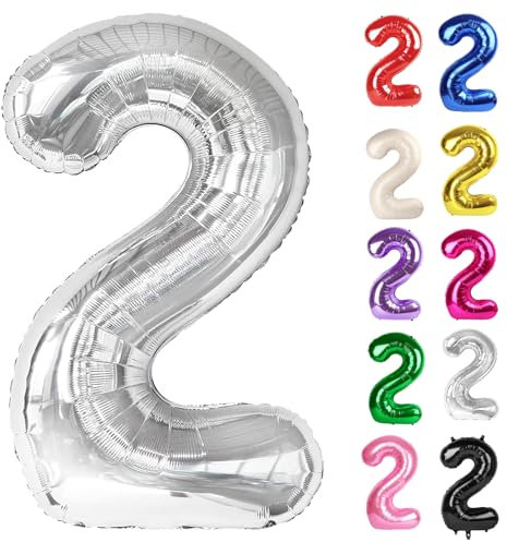 Silver Number 2 Balloon 40 Inch, 2 Balloon Number, 2nd Birthday Decorations for Baby Girls Boys Toddlers