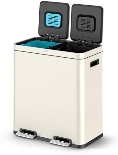 Deleca Mülleimer Küche 2 Fächer 60L – Doppelmülleimer mit FreshAura Geruchsfilter – Duo Slow Close Tretmülleimer – Mülltrennsystem 2fach – Abfalleimer - Mülleimer 2 Fächer 2x30L - Edelstahl Beige