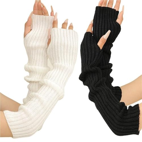 LOKORI 2 par armvärmare vinter för kvinnor, mode långa fingerlösa stretch stickade vantar handskar armärmar med tumhål, stickade handledsvärmare