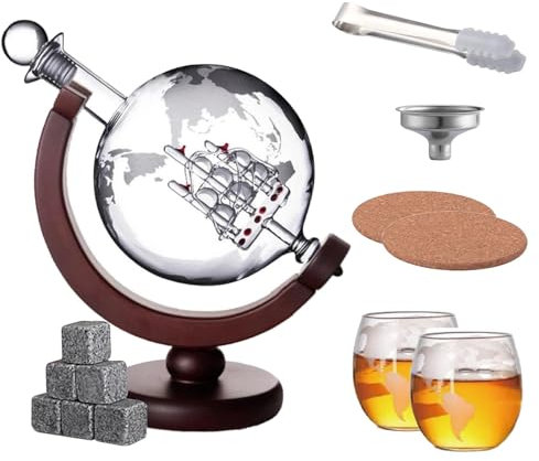 Ensemble carafe à décanter et verre en forme de globe avec 2 verres, 9 glaçons, dessous de verre en bois, distributeur de whisky doré, bouchon hermétique pour vin, whisky, scotch, vodka. Coffret