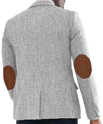 Men‘s Herringbone Blazer with Faux Suede Elbow Patches Textured Tweed Sport Coat Vintage Academic Casual Jacket Sliver 3XL