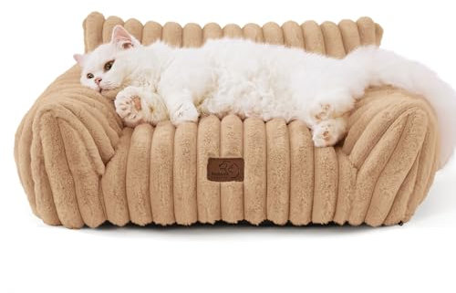 BEDSURE Katzenbett groß orthopädisches Katzensofa - 61x46x25cm Hundesofa kleine Hunde waschbar Katzencouch, rutschfeste Katzenbett flauschig, Kamel