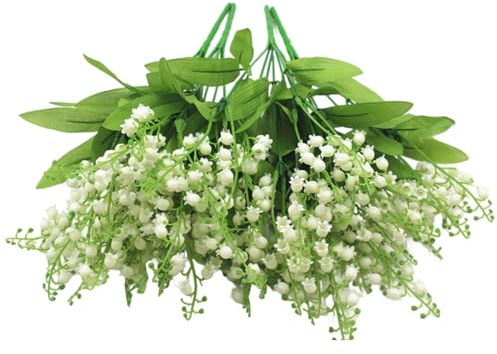 Jorzer Lily of the Valley konstgjorda blommor 4 st verklighetstrogen vit liljekonvalj med 7 grenar, 7 löv och 21 huvuden långvariga plastblommor för bröllop, arrangemang