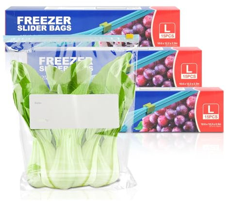 TAIYUNWEI Lot de 45 grands sacs alimentaires réutilisables avec fond extensible – Passent au congélateur et au micro-ondes – Pour Sanwich, fruits, collations, légumes, céréales, viande (1 gallon)