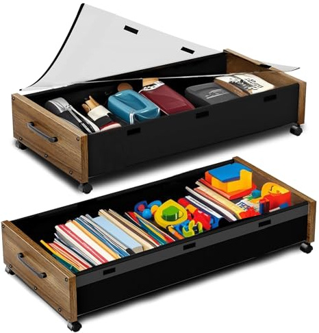 JSHNE Almacenamiento de Madera Bajo la Cama con Ruedas, 80L Contenedores de Almacenamiento Rodantes Extra-grandes Bajo la Cama Pack de 2 con Tapa Extraíble, Cajones de Metal Mejorados Bajo la Cama