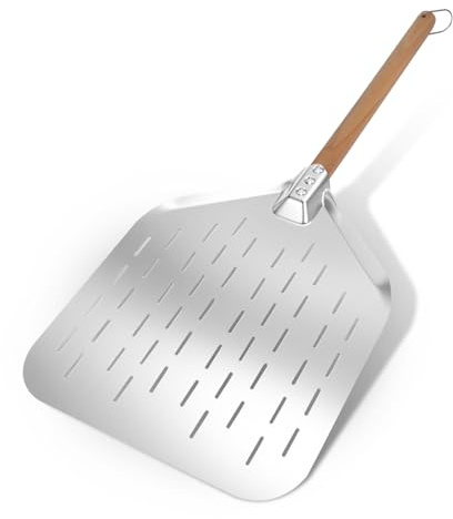Bosmsaslad Pelle a Pizza Perforée, Spatule Pizza Acier Inoxydable, Pelle Pizza Rectangulaire avec Ergonomique Poignée Bois et Plateau Métallique, Spatule Idéal pour Pain, Pâtisseries, Argenté
