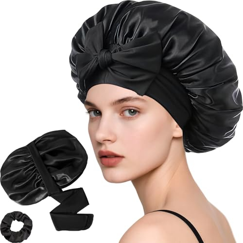 Loomify Satäng Sovmössa, Justerbar Sidenmössa för Hårvård, Dubbelsidig Satängbonnet med Scrunchie för Kvinnor