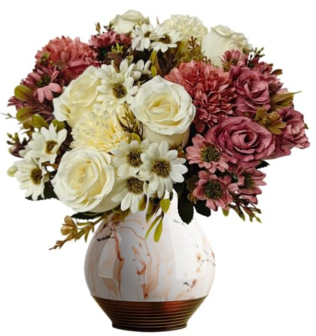 CIRenchen 4 Bündel Künstliche Blumen Kunstblumen Wie Echt Künstlich Blumenstrauß, Blumenstrauß Künstlich Seidenblumen Blumen für Hochzeit Partei Heim Küche Dekor (Weiß + Bohnensand)