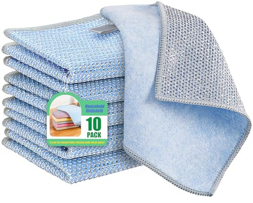Weishuo 10 Piezas Paño de Limpieza Doble Capa Antiarañazos - Microfibra Absorbente y Alambre de Acero Reutilizable para Lavar Platos, Cocina, Vajilla 23x18cm (Azul)