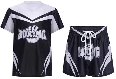 JIZYO Trainingsanzug Kinder Boxen Jungen Mädchen Zusammen Boxen Muay Thai Short Kurze Hose und T-shirt Outfit Mma Kickboxen Sportbekleidung Schwarz 158-164