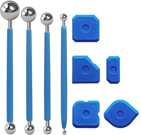 Kit de 9 Outils Professionnels pour Joints de Carrelage | 4 Grattoirs à Bille Métallique & 5 Lisseurs en Silicone pour Silicone, Calfeutrage et Mastic | Rénovation Salle de Bain et Cuisine