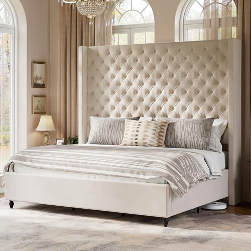 Jocisland King Size Bed Frame with 65 Tall Headboard, Upholstered Wingback Platform Design, Handcrafted Pleats & Deep Button Tufted, Solid Wood Legs, No Box Spring Needed, Cream