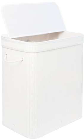 Relaxdays Tvättkorg med lock i bambu 100 l, 2 innerfack, H x B x D 63 x 52 x 32 cm, tvättkorg för badrum, vit