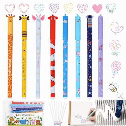 8 Stück Radierbare Gelstifte Set , 8 Farben Löschbare Stifte mit Tiermotiven, inkl. 8 Ersatzminen, Wasserdichter Stifttasche und A5 Übungsheft, 0,6 mm Gelstifte für Schule, Mädchen und Geschenk