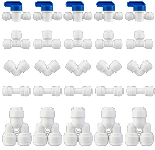 25 Pieces RO Water Filter Fitting, 1/4 Push Fit Connectors Plastic Water Filter Pipe Connectors Y T I L Type Combo with 1/4 Shut Off Valve RO Fittings for 6mm Water Pipe