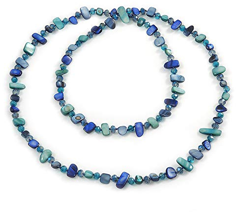 Avalaya plastron halsband i kristallpärlor och nuggets blå/blågrön 110 cm, glas skal, Skalglas