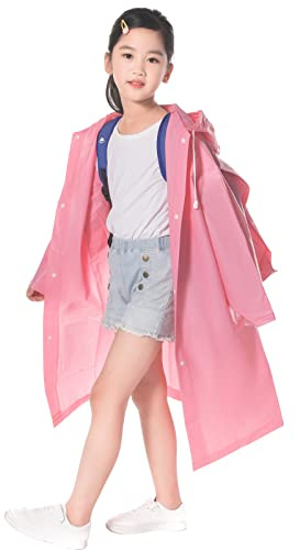 Kids Waterproof Rain Coat, EVA Rain Poncho with Hood for Girls Boys, Children Raincoat with School Bag Cover, Toddler Rainwear Rain Jacket Cape for Outdoor Cycling Hiking Camping Climbing (Pink)