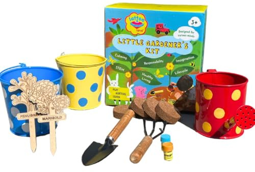 Lattooland Little Gardener's Kit | Complete Gardening Kit for Children 3-8 Year Old| Gardening Tools, Metal planters, Metal Watering can, Soil, Seeds, | Flower Grow Set | Birthday Gift Multicolor