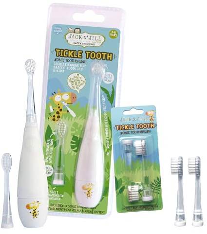 Jack N' Jill Tickle Tooth Toddler Electric Toothbrush with Replacement Head - Gentle Cleaning, Made for Tiny Teeth, LED Inspection Light, for Babies & Kids, Extra Soft Bristles - (1 Pack)