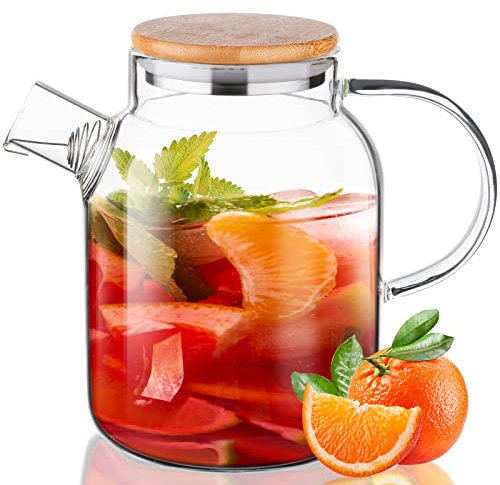 ParaCity Glass Water Jug Teapot Stovetop Safe with Removable Filter Spout, Lid/Handle for Loose Leaf and Blooming Tea, Juice, Milk, Beverage, Hot/Cold & Iced 64 OZ(1800ML), Transparent