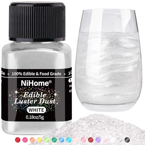 NiHome Edible Luster Dust Glitter Powder Metallic Fancy Food Decorating Sprinkle Glimmery Brew Dust for Drink Wine Beverage Cake Dessert Home Bakery Restaurant Vegan Allergen-Free (5g/0.18oz, White)