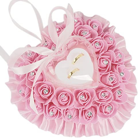 Wambere Hochzeit Ringkissen,Ringkissen Gastgeschenk Ringkasten Hochzeit Ringbox Hochzeitsringkissen,romantische Rosen-Herzform, Hochzeits-Ringkissen, Geschenk-Halter, Deko,18x19cm,Rosa