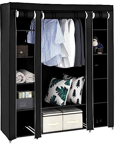 TactFire Kleiderschrank, Stoffschrank, Faltschrank mit Kleiderstange und Ablagen, Offener Faltbarer Kleiderschrank, für Schlafzimmer, Ankleidezimmer, 150 x 45 x 175 cm, Schwarz