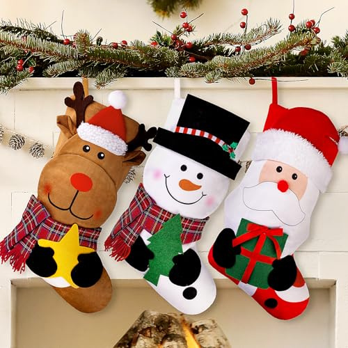 EverMerry 3 PCS 18 Christmas Stocking, Large Xmas Christmas Stockings Santa, Snowman, Reindeer Character for Holiday Party Fireplace Home Decorations