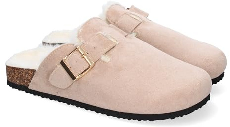 shoes&blues.es Sabot plat pour femme, confortable et élégant, design moderne, plante bio avec poils, fermeture à boucle, idéales pour l'hiver., beige, 37 EU