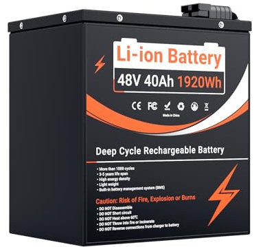 48V 40Ah Lithium-ion Rechargeable Battery, Built-in 50A BMS Lithium Battery with Grade A Cells Ideal for Golf Carts, Lawn Mowers, Motorhomes, Solar System, E-Scooters, Camping