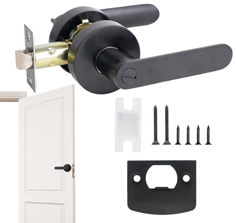 Acunny Manija de la puerta interior con cerradura, palanca de la puerta de privacidad | Baño de pasaje Negro de bloqueo de servicio pesado Negro,Manijas de puerta plana negra interior sin llave para